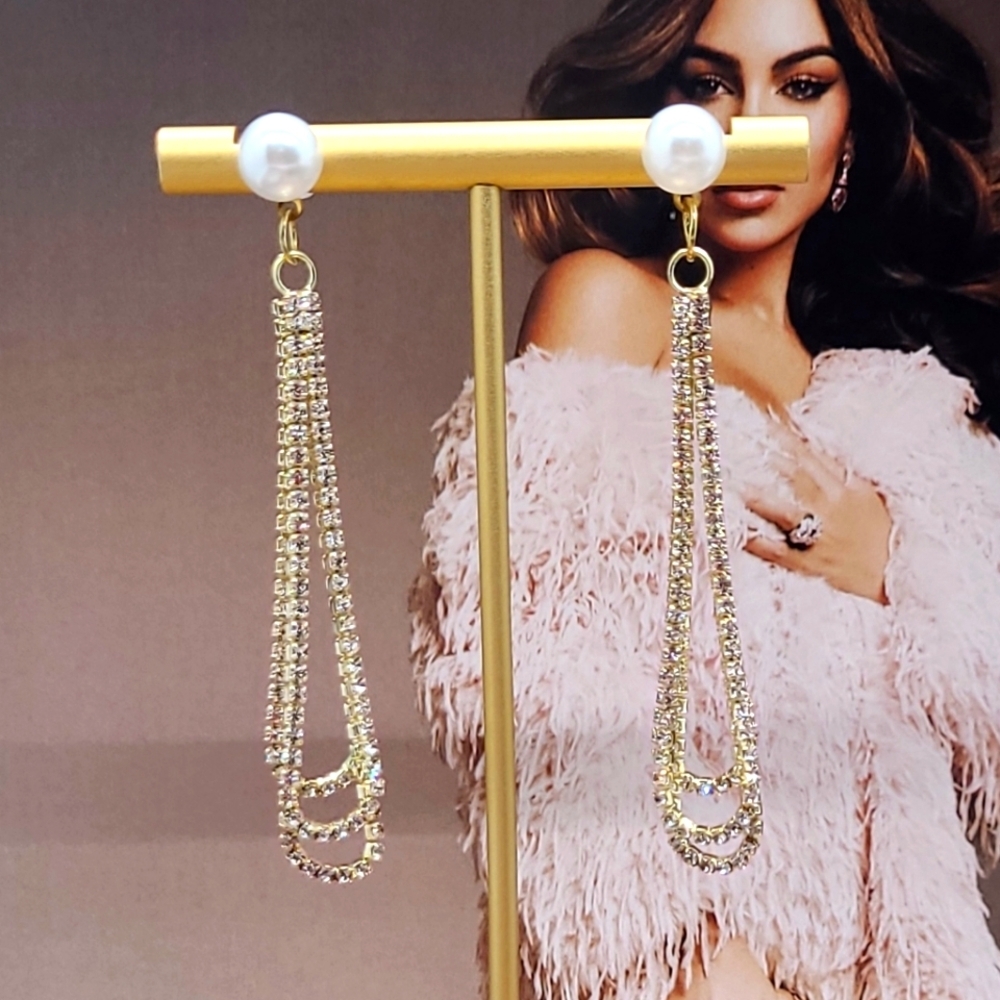 Vintage Glamourous Pearl Long Pave Set Crystal Water Drop Earrings